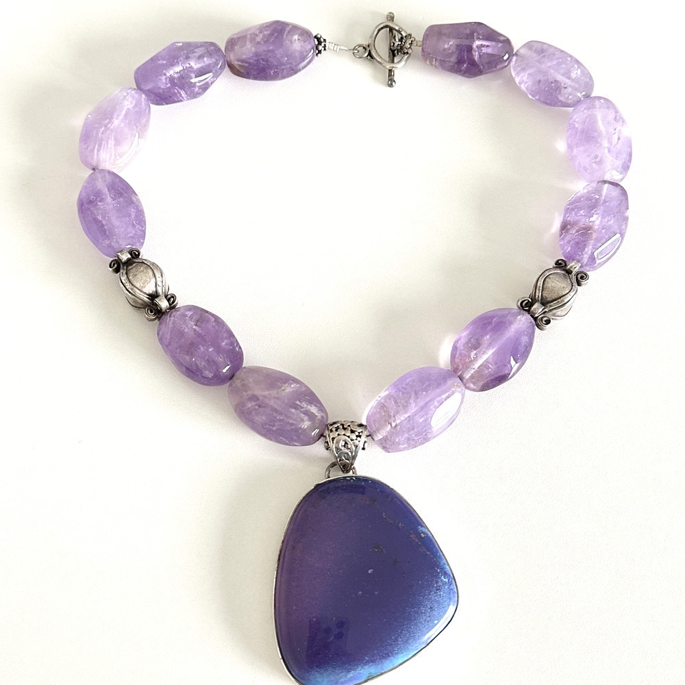Vintage 925 Sterling Silver HUGE Chunky Amethyst Beaded Purple Agate Necklace